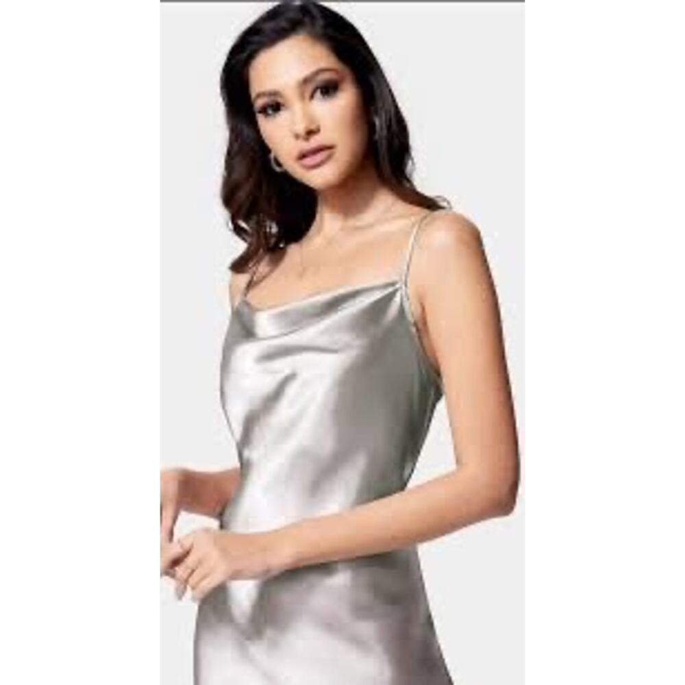BEBE Silver Cowl Neck Slip Mini Dress Spaghetti Straps, Size Small
